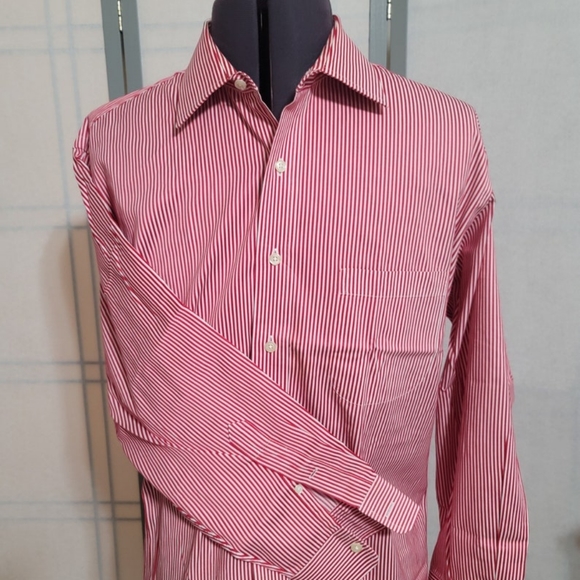 Paul Fredrick 17-1/2" - 33" Red and White Striped Oxford Buttondown - Picture 1 of 3